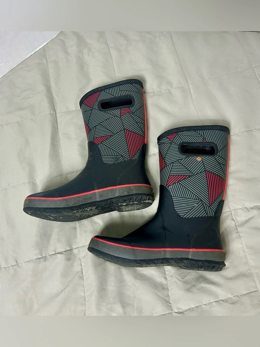 Bogs Kids Black and Red Geometric Rain Boots, Waterproof, Youth Size 5